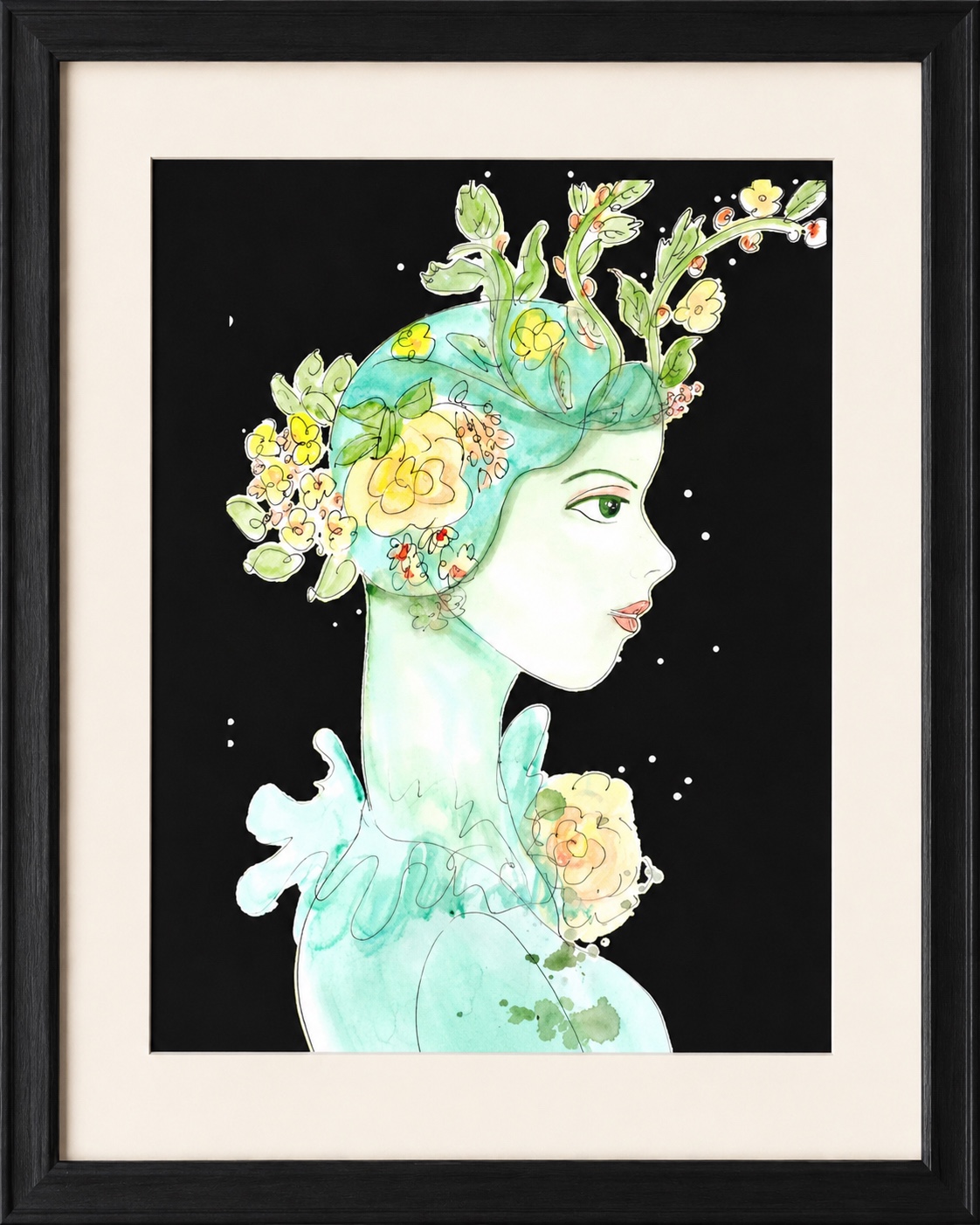 Framed black-background floral portrait painting