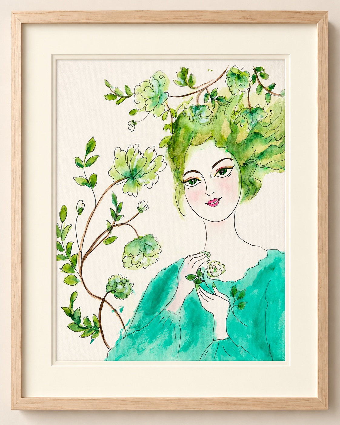 Framed green floral portrait painting