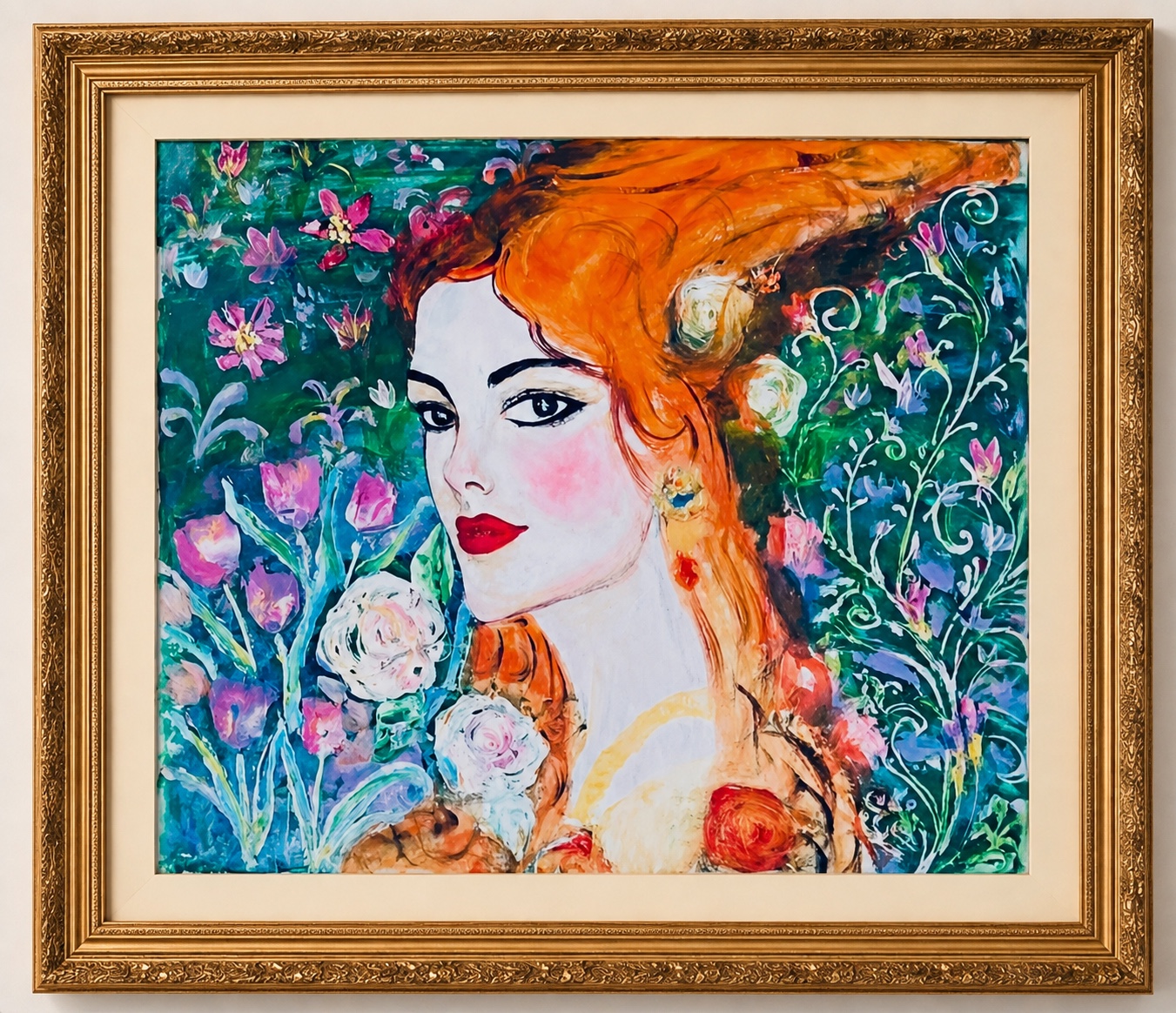 Framed original painting with orange-haired figure and flowers