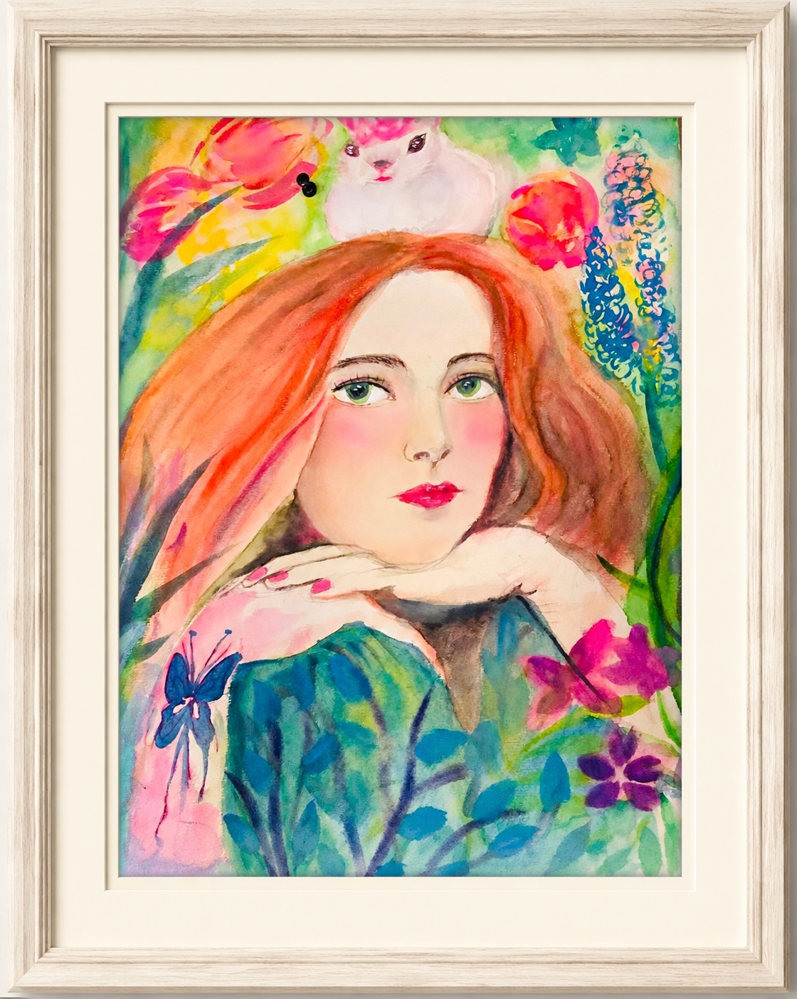 Framed watercolor portrait painting