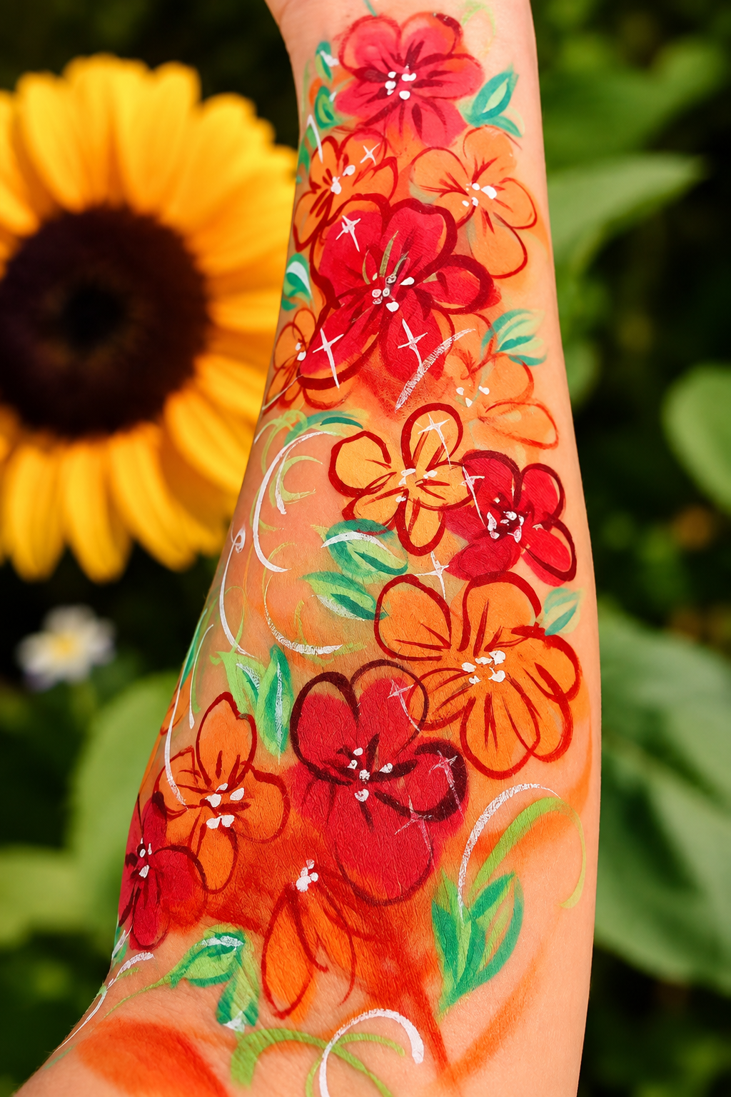 Red and orange floral arm painting
