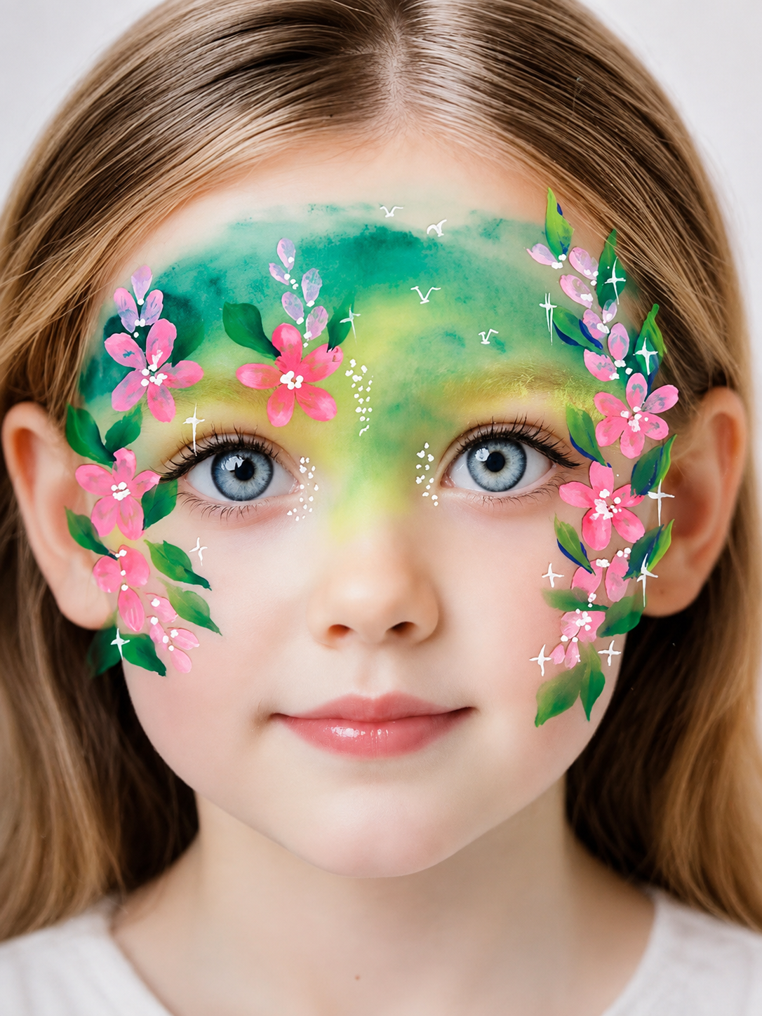 Green and pink floral face painting